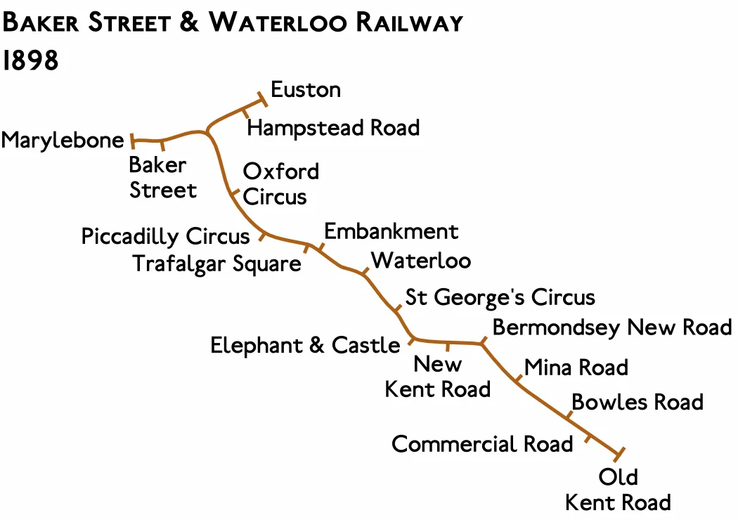 Planned route map for the Baker Street and Waterloo Railway 1898