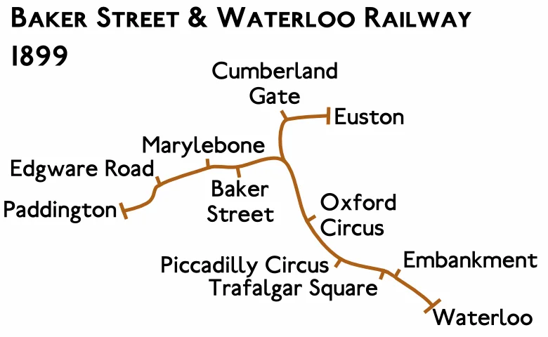 Planned route map for the Baker Street and Waterloo Railway 1899