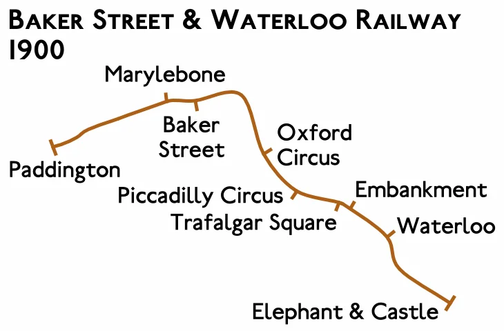 Planned route map for the Baker Street and Waterloo Railway 1900