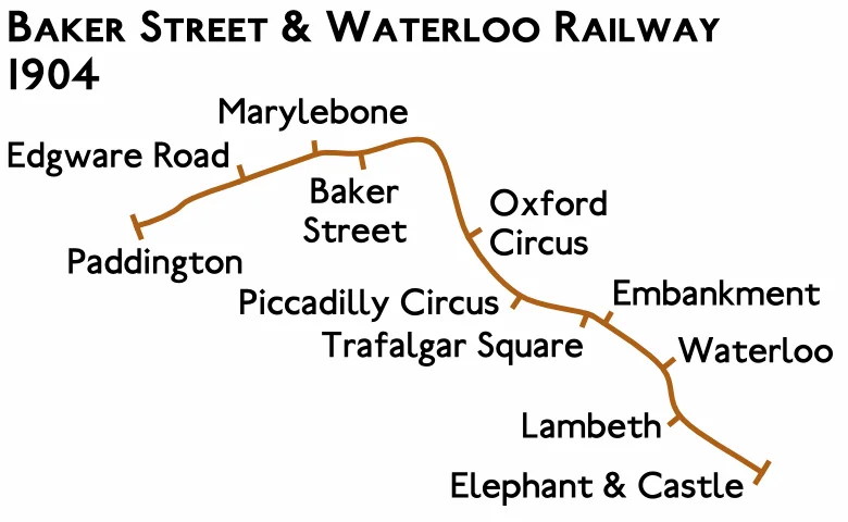 Planned route map for the Baker Street and Waterloo Railway 1904