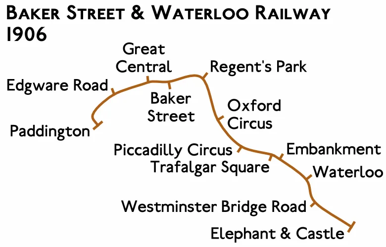 Planned route map for the Baker Street and Waterloo Railway 1906