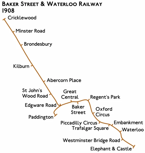 Planned route map for the Baker Street and Waterloo Railway 1908