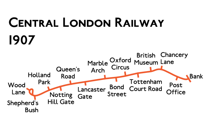 Map of the planned route of the Central London Railway (CLR) 1907