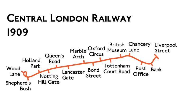Map of the planned route of the Central London Railway (CLR) 1909