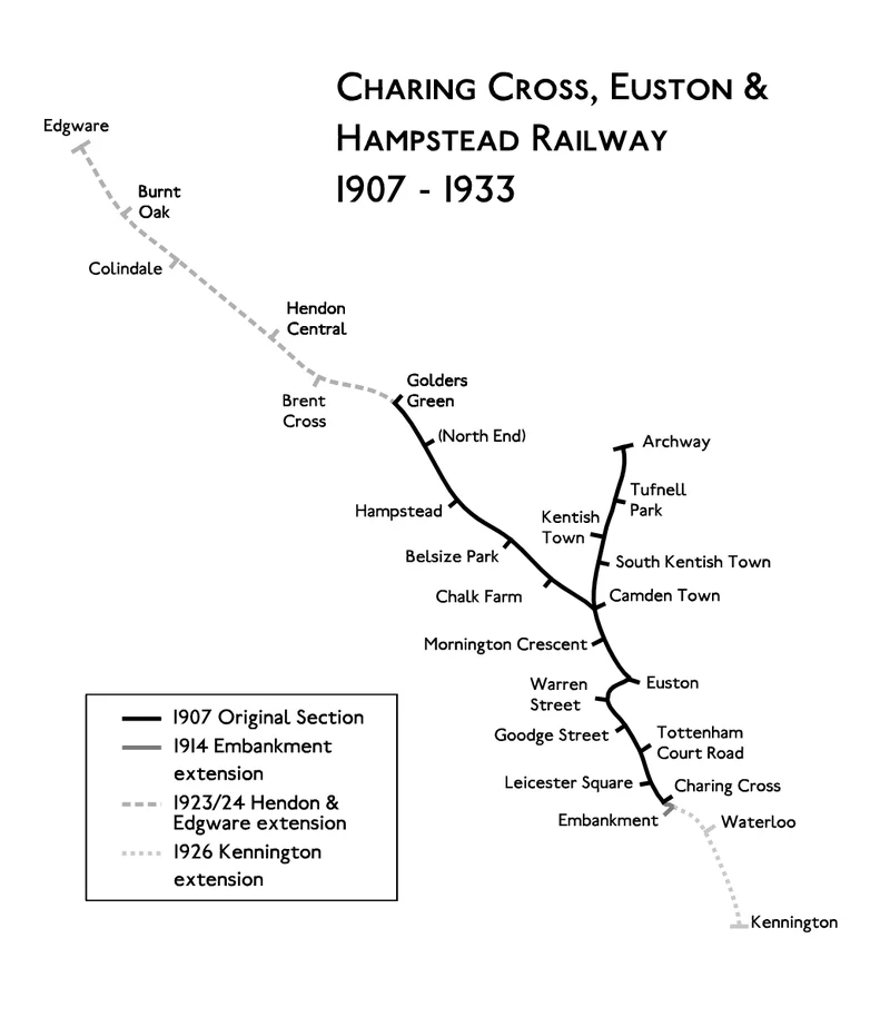 Charing Cross Euston and Hampsted railway development map 1907 - 1933