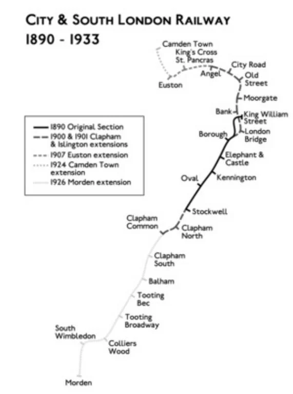 City and South London Railway (CSLR) development map 1890 - 1933
