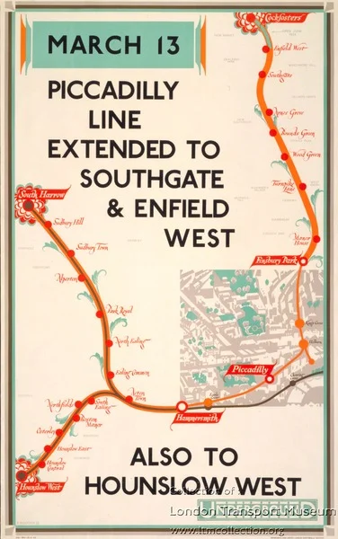 Poster showing opening of Piccadilly line extentions to Southgate to Enfield West and Houslow West